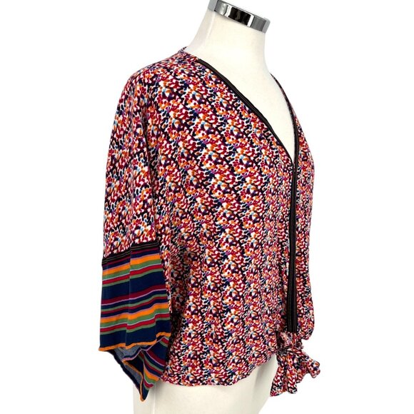 Democracy Floral Stripe Kimono Blouse Red Multicolor Size Medium - Picture 4 of 8